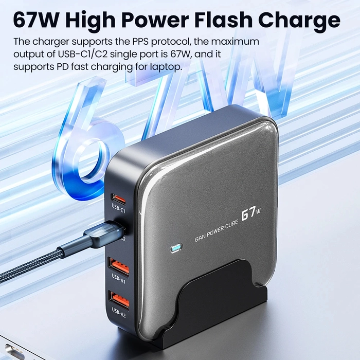 Toocki 67W GaN Multi-Port Charger Station | USB-C PD & QC Fast Desktop Charging Adapter for iPhone, MacBook Pro, Xiaomi & More - Image 3
